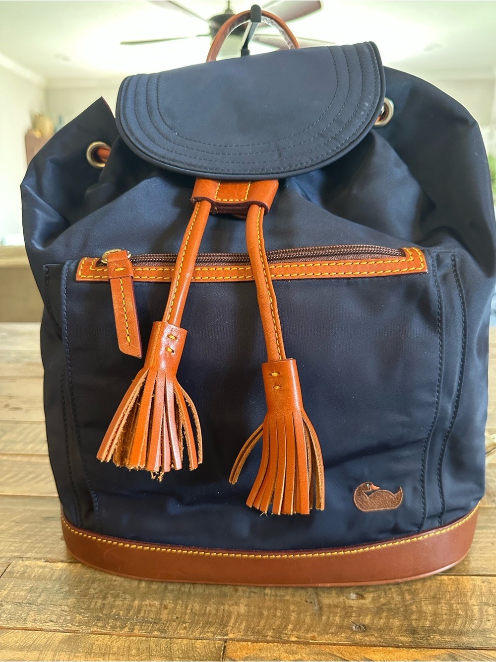 Dooney & Bourke Navy Blue Murphy Nylon Backpack Brown Leather Trim Bottom Tassel